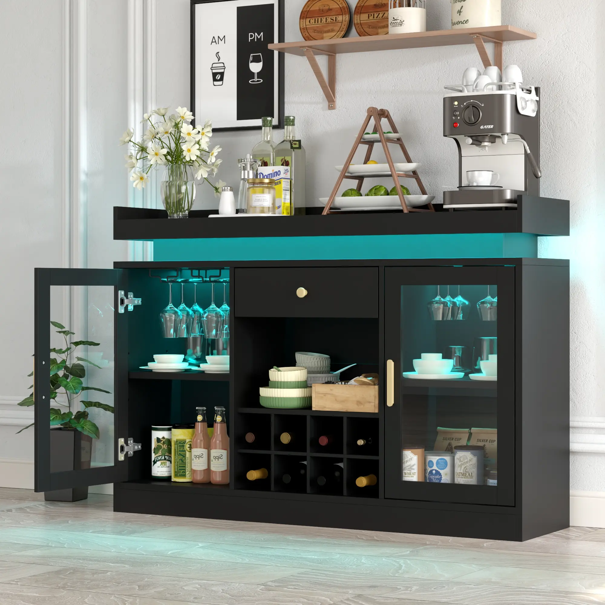 Loomie Wine Bar Cabinet with LED Light, Home Coffee Bar Cabinet with Wine and Glass Rack, Storage Drawer & Shelves, Liquor Cabinets for Living Room,Dining Room