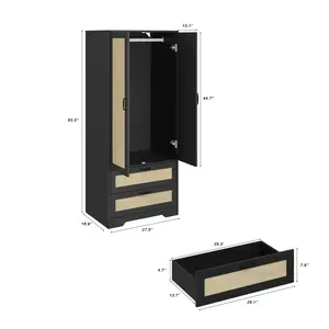 Modern Double-Door Wardrobe with Drawers Freestanding 63.5" Tall for Living Rooms & Bedrooms Minimalist Design Rattan Style Storage Cabinet