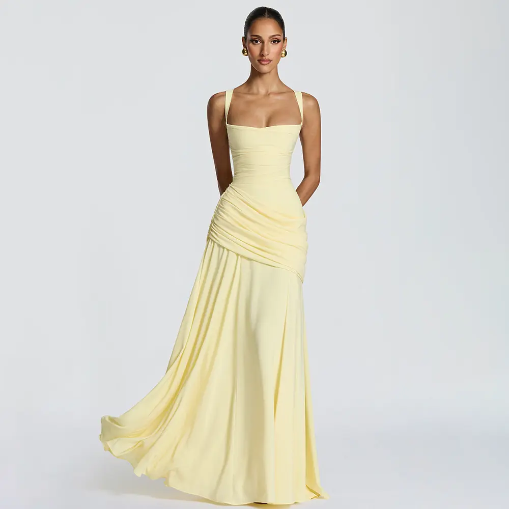 Women Square Neck Spaghetti Strap Maxi Dress Ruched Draped Waist Flowy Chiffon Long Formal Evening Wedding Guest Bridesmaid Dresses