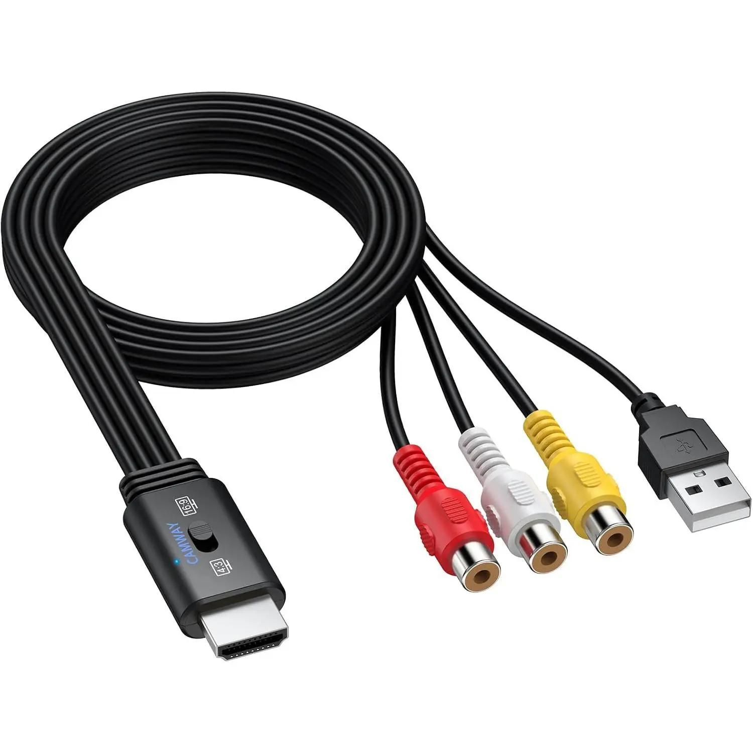 CAMWAY RCA to HDMI Converter Female Cable - 1080P AV to HDMI Adapter for Wii/PS1/PS2/N64/Xbox/DVD/VHS/VCR,16:9/4:3 Conversion,Composite CVBS Audio Video Adapter,PAL,NTSC Support,Lossless Transmission