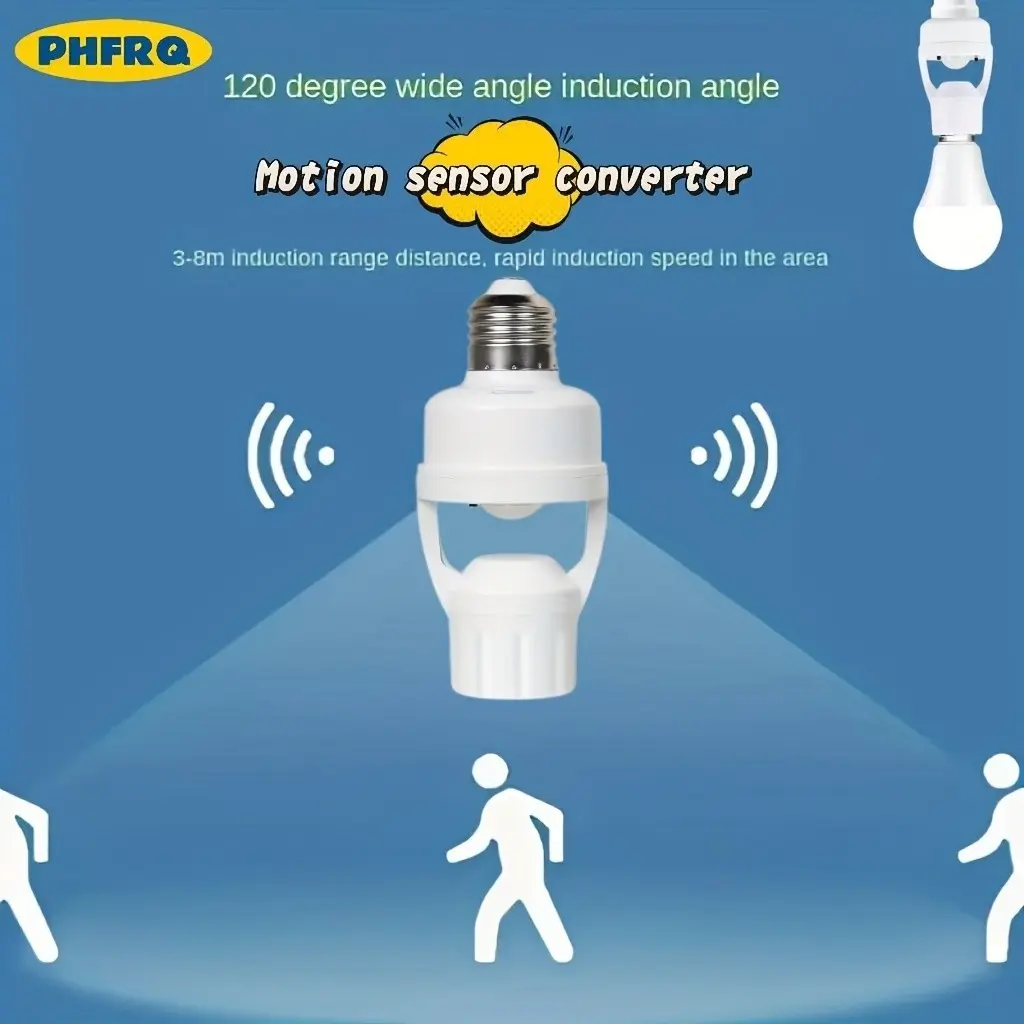 E27 Adapter Converter Socket, Adjustable Delay Auto On, Base Easy Install, Suitable for Home Bulb Conversion Plug No Battery Needed, Motion Sensor, Wide Angle Induction, Easy Installation, Home Use, Light Socket
