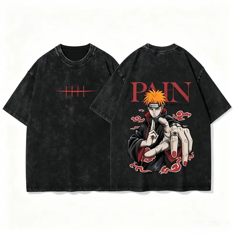 Men's Oversized Akatsuki Pain Graphic T-Shirt, Vintage Heavyweight Cotton Streetwear, Casual Crew Neck Short-Sleeve Top, Graphic Print, Round