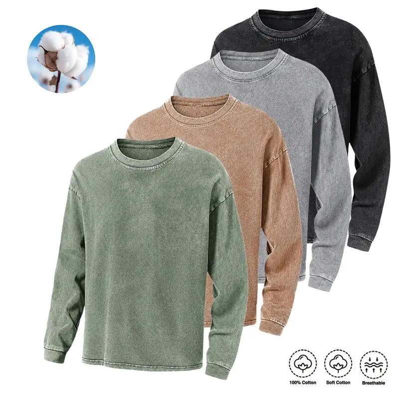 4-pack 100% cotton unisex crewneck sweatshirts, acid-wash distressed vintage street style, soft and breathable, loose fit long sleeves, pullover design, suitable for back-to-school and everyday wear