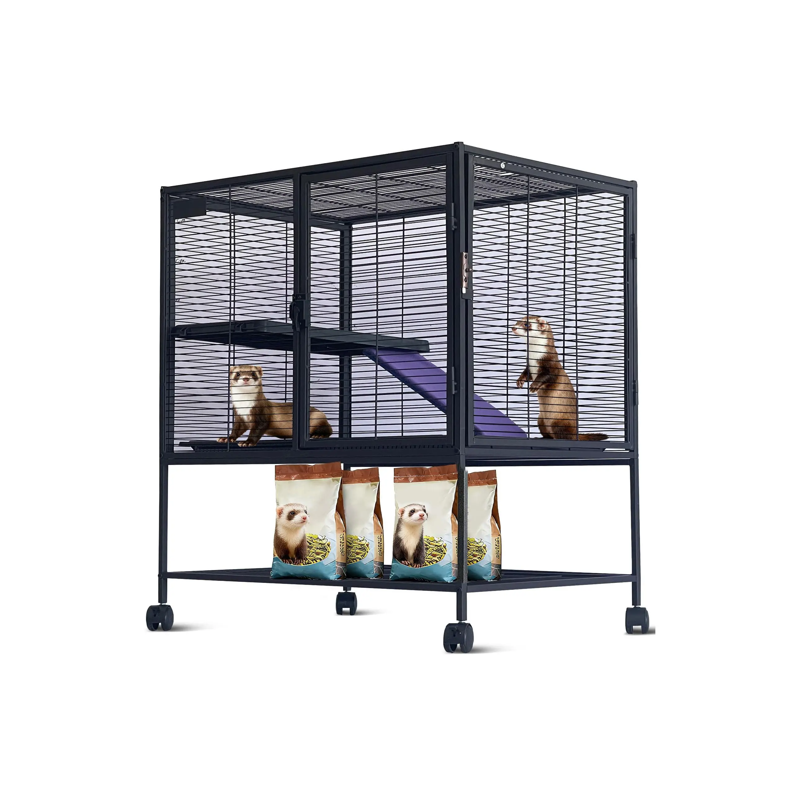 Multi-Level Metal Small Animal Cage - 36 in H BPA-Free Ferret Habitat with Ramp, Storage Stand, Easy-Clean Removable Tray, Hammock for Comfy & Cozy Living for Rabbits, Bisphenol A (Bpa), Secure Locking Doors