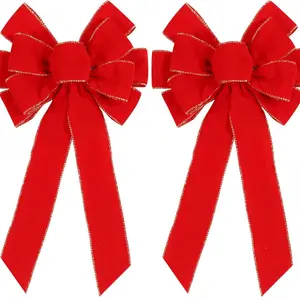 2 Pack Red Christmas Bows Outdoor Decorations,12”x20” Large Christmas Tree Topper Bow, Velvet Wreath Bow with Glitter Gold Edge for Xmas Home Front Door Decor