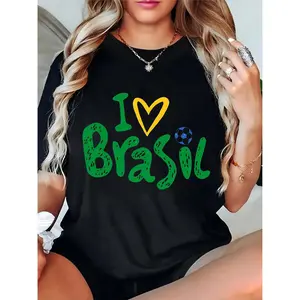 Women's I Love Brasil Soccer Ball Graphic T-Shirt, Brazil Football Pride Casual Tee for Game Day, Daily Wear (Black) 100% Cotton T-shirt
