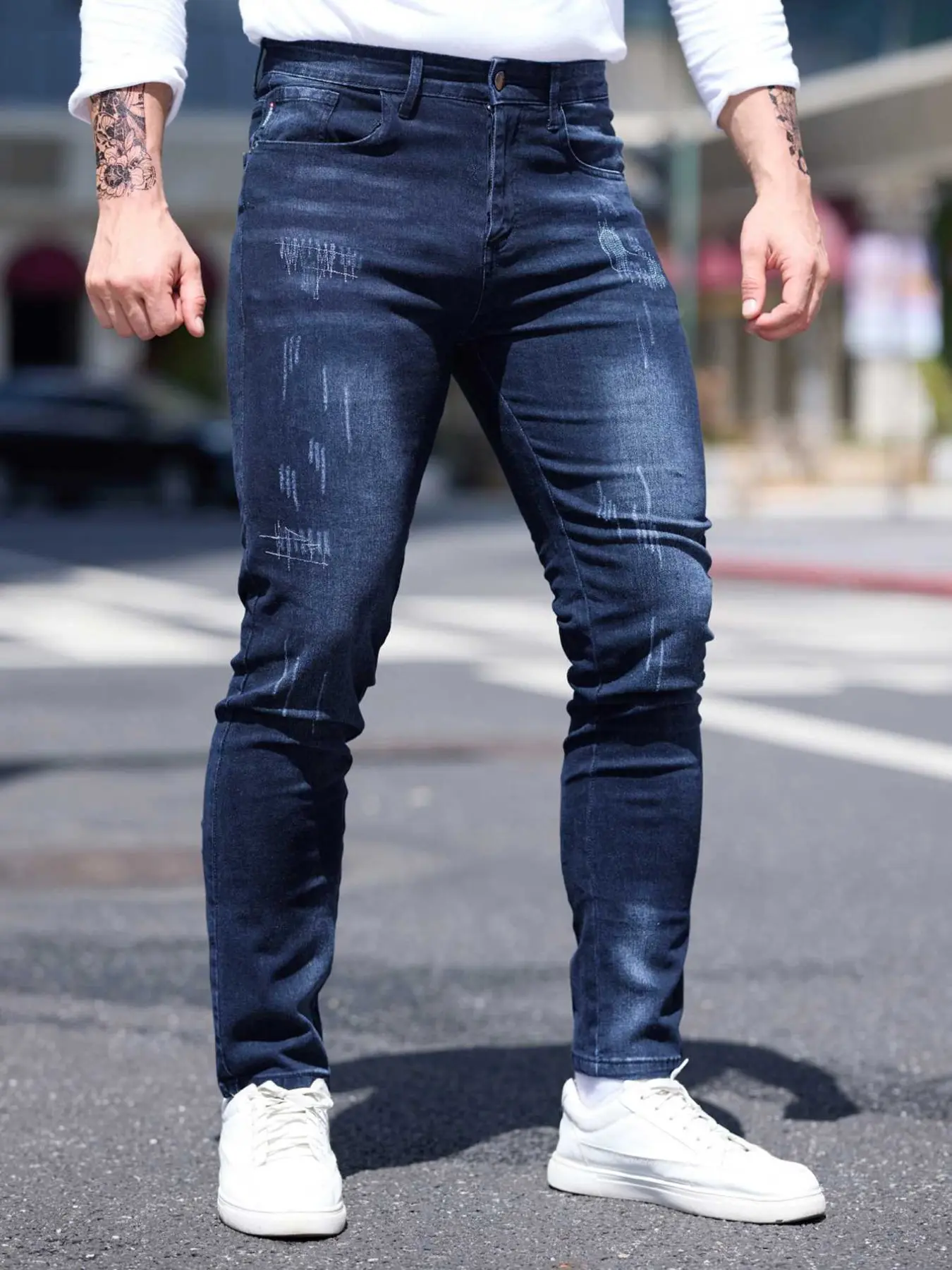 Men's Blue Casual Plain Denim Jeans Pockets, Slim Fit Straight Leg Korean Style Classic Streetwear, Elastic Casual Long Pants for All Seasons, 2026 Fashion Casual Jeans Menswear