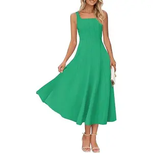 MEROKEETY Women's 2026 Summer Sleeveless Midi Dress Square Neck Smocked Flowy A Line Beach Dresses