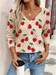 Women's Cherry Heart Print Long Sleeve Knit Top, Casual Elegant Vacation Style Sweater, Loose V Neck, Comfortable Warm Fall Winter