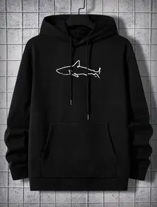 Men's Shark Print Drop Shoulder Hoodie, Fashion Casual Hooded Sweatshirt with Drawstring & Pocket, Regular Fit Pullover for Daily, Holiday & Outdoor Wear, Fall Winter Men's Clothes, Trendy Streetwear Top, Cozy Warm Outfit