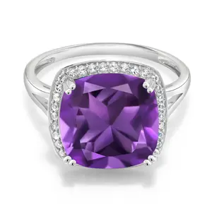 Gem Stone King 10K White Gold Customized and Personalized 12MM Cushion Cut Gemstone Birthstone and White Created Sapphire Ring For Women