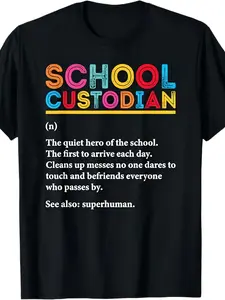 School Custodian Appreciation T-Shirt - Funny Janitor Gift with Custodian Definition Graphic - Heavyweight 220GSM Tee for Men & Women - with Colorful Lettering - All-Season Casual Work Shirt for School Staff Recognition - Funny Cleaning Crew Apparel
