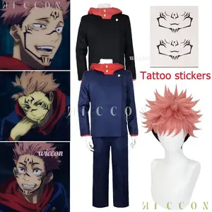 Yuji Itadori Cosplay Costume Anime  Yuji Itadori Wig Top Pants Unisex School Uniform Halloween Party for Men