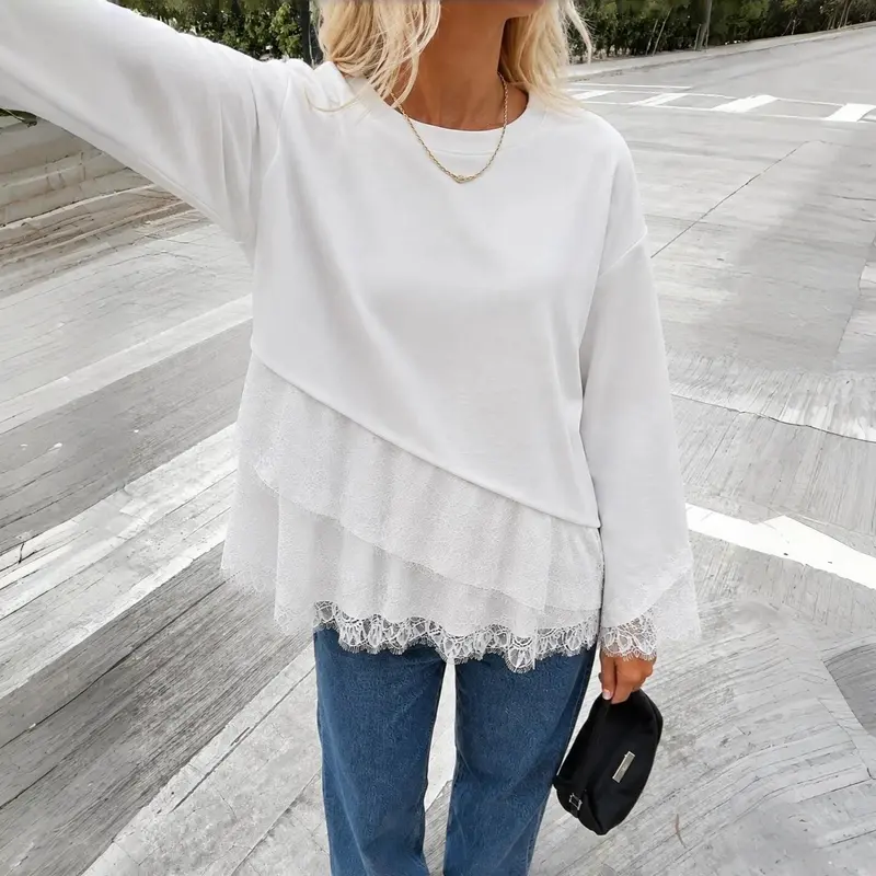 Chicovar Elegant Lace Patchwork Long Sleeve Top, Women's Loose Fit Drop Shoulder Casual T-Shirt Chic Aesthetic Streetwear #sohochic