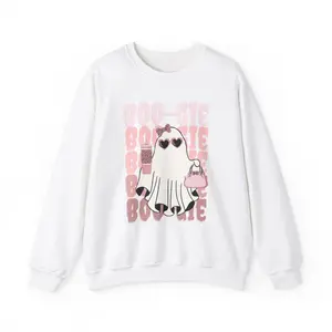 Pink Sparkly BOO-gie Ghost Crewneck Sweatshirt, Halloween Costume, Funny Ghost Shirt, Coffee Lover Gift, Baggy Ghost Jumper, Bow Print Sweater Classic Cotton