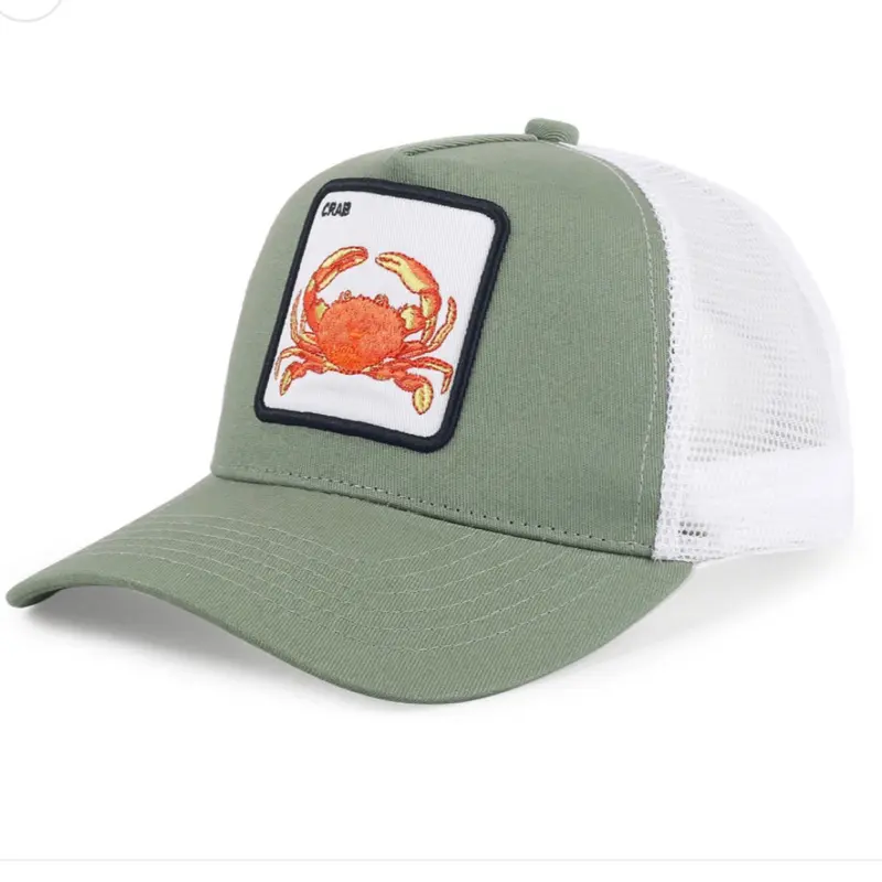 Crab Trucker Hat - Green and White Mesh Cap with Crab Patch for Men and Women