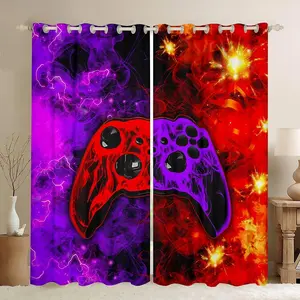 Gamer Curtains,Boys Girls Gaming 30%-50% Blackout Curtains,Darkening Drapes,(2 Panels) Decor Game Controller Window Treatments,Red and Purple