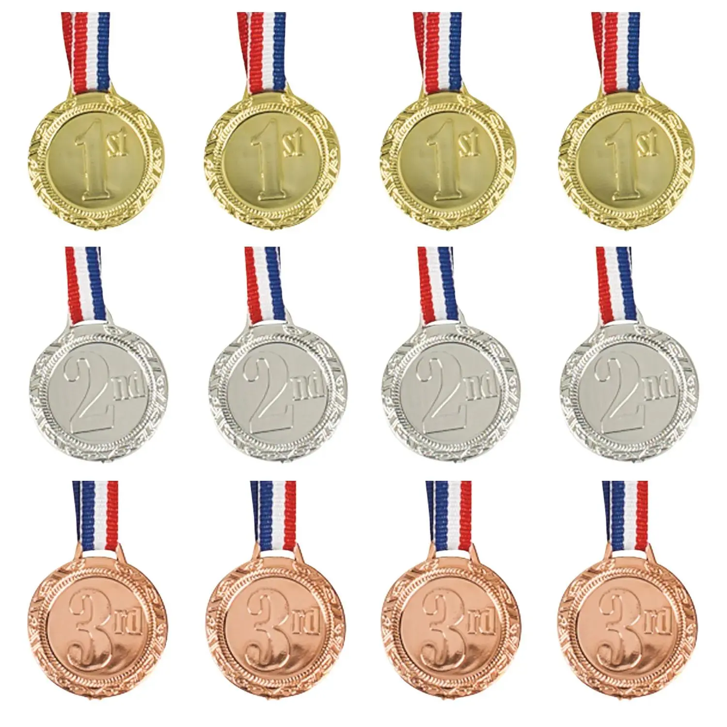 1 1/4" 1st, 2nd & 3rd Place Plastic Award Medals with Striped Ribbon - 12 Pc.