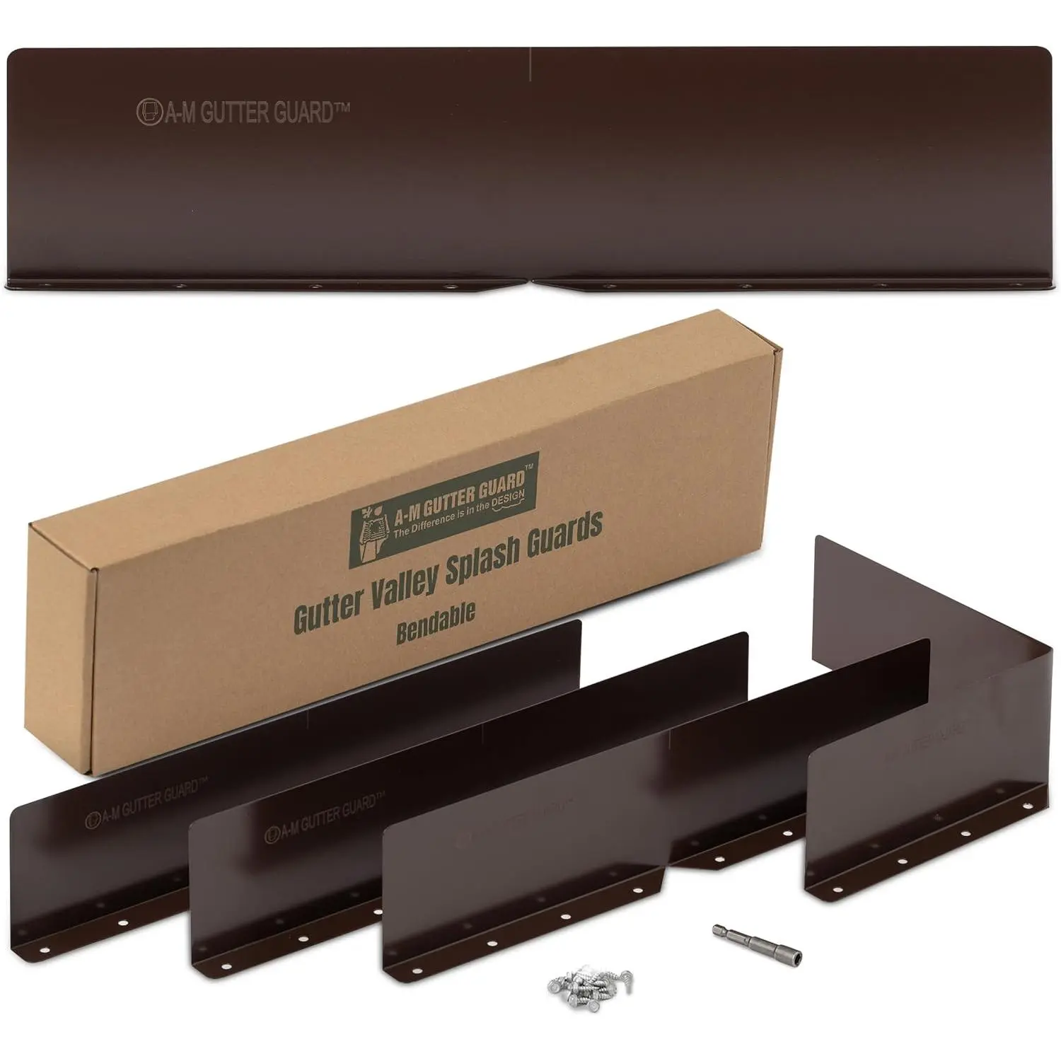 Brown Gutter Valley Splash Guards (4 Pack) - 22-Gauge Aluminum Overflow Guard, Bendable (.0275"/.7mm), Includes Stainless Steel Zip Screws & 1/4" Hex Bit