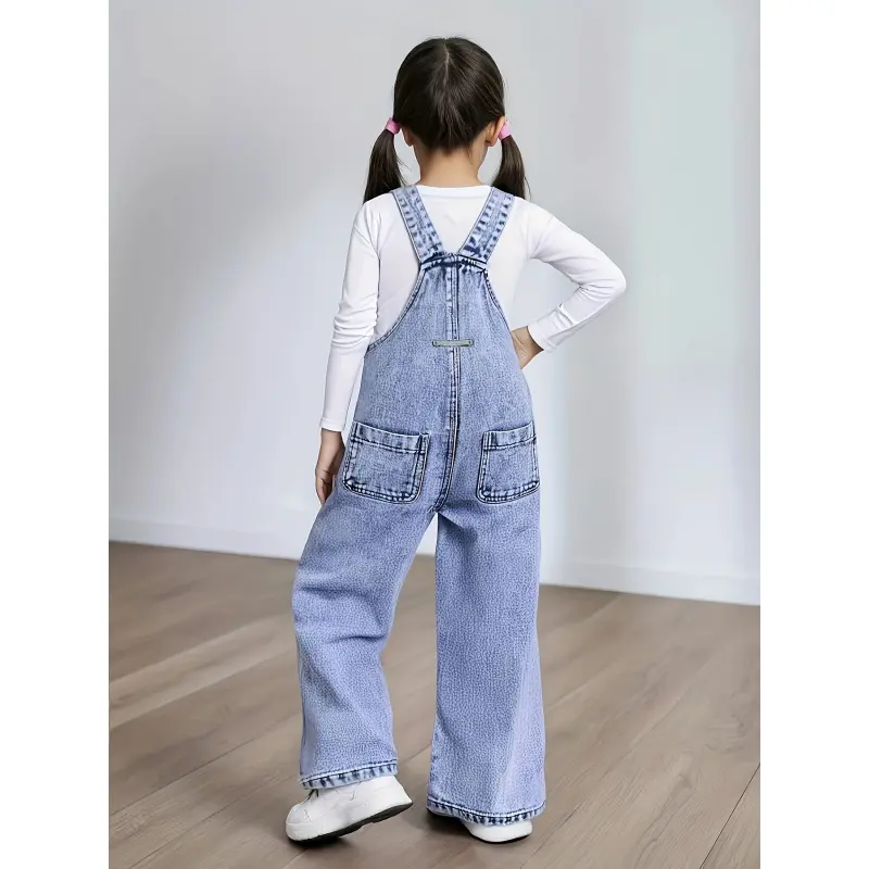 Girls' jeans, young girls' sunflower pattern printed straight loose denim overalls, workwear-style overalls, holiday pants, must-have workwear overalls for back to school
