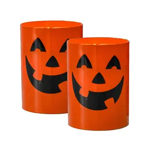 LumaBase Battery-Operated Glass LED Light Jack O' Lantern Candles - Set of 2, Spooky Halloween Indoor Decor, with Timer and Switch