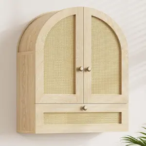 Arched Bathroom Wall Cabinet, Rattan Medicine Cabinet with Drawer, Wall Mounted Hanging Above Toilet Storage Cabinet, 4-Tier Small Over The Toilet Storage Cabinet with Door for Kitchen Laundry