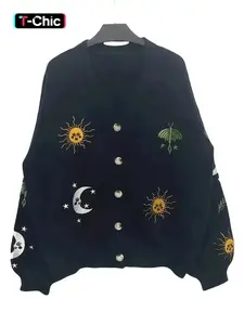 Women's V Neck Knit Cardigan Sweater Coat, Moon Star Embroidery Design, Casual Loose Long Sleeve Top, Elegant Retro Style, Womenswear, Knitwear, Vintage, Embroidered