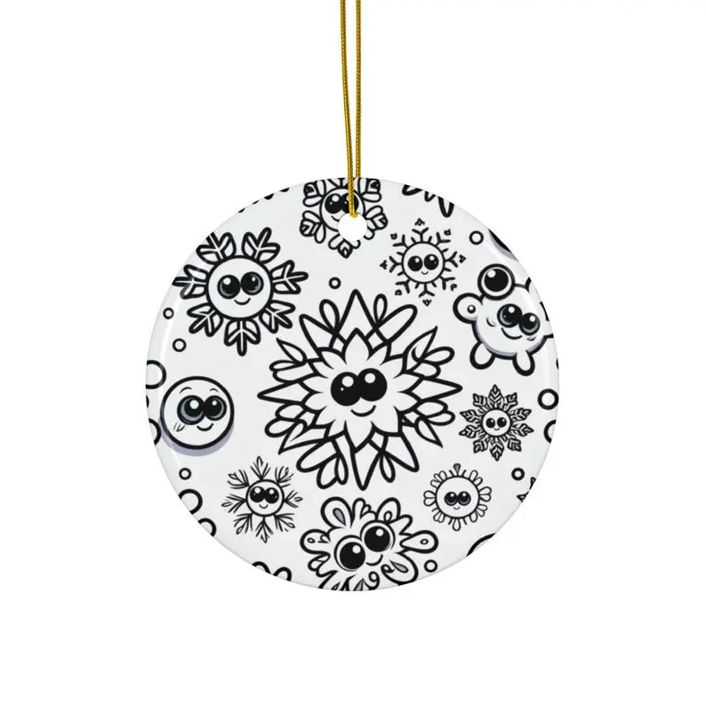 Snowflake Patterned Christmas Bauble, Ceramic Ornament, Xmas Tree Ornament, Gift for Home - Circle, Star, Heart and Oval Shapes