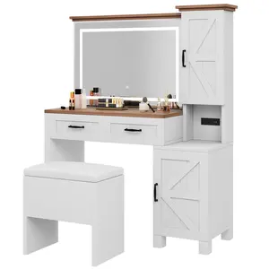 YITAHOME Farmhouse Vanity, Makeup Desk with Adjustable Lighted Mirror, Charging Station, Drawers, Cabinets, and Adjustable Shelves, Modern Vanity Desk with Stool