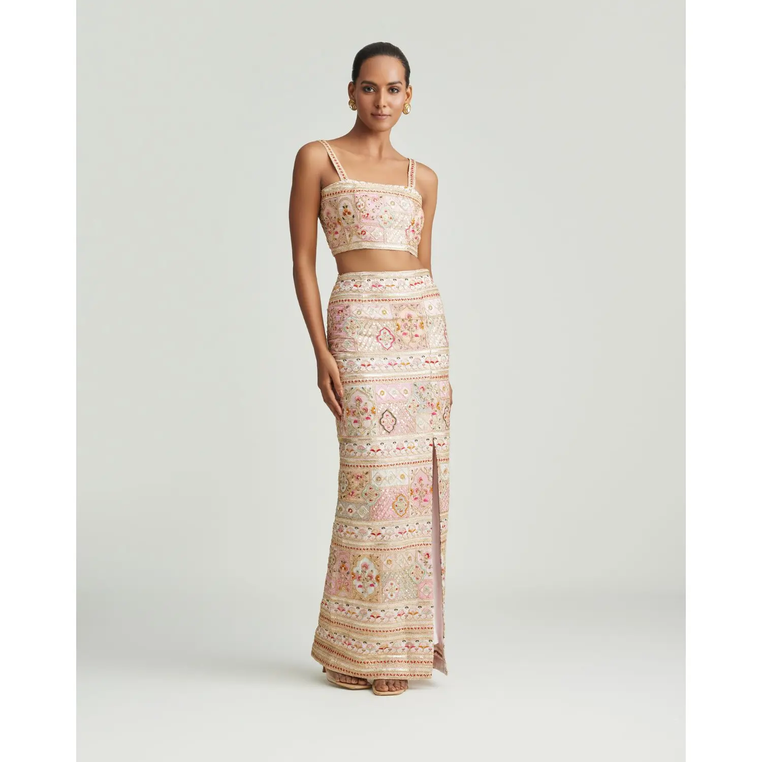 Amara Maxi Skirt – Sequin Embroidery, Front Slit & Luxe Elegance