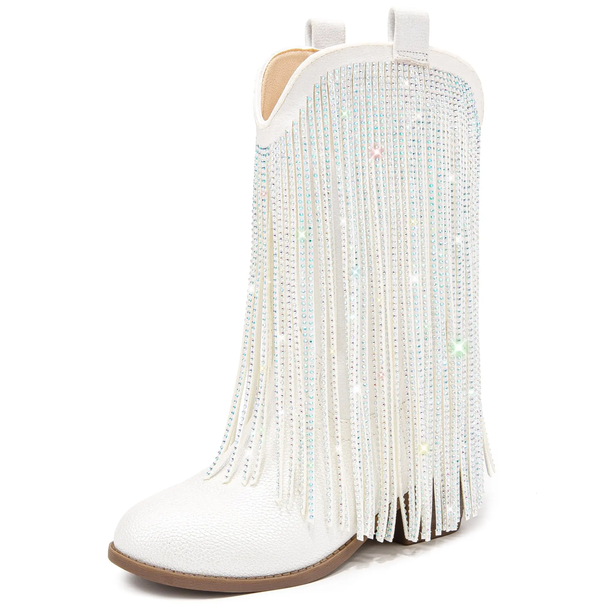 Girls' Rhinestone Fringe Cowboy Boots - Kids' Mid-Calf Western Style Low Heel Pull-On Tabs Slip-Resistant Sole Shoes for Party, Rodeo Outfit Inspo, Western Elegance (Slip On)