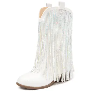 Rhinestone Fringe Cowgirl Boots for Girls Mid Calf Pointed Toe Cowboy Boots for Toddler Little Big Kids Party Country