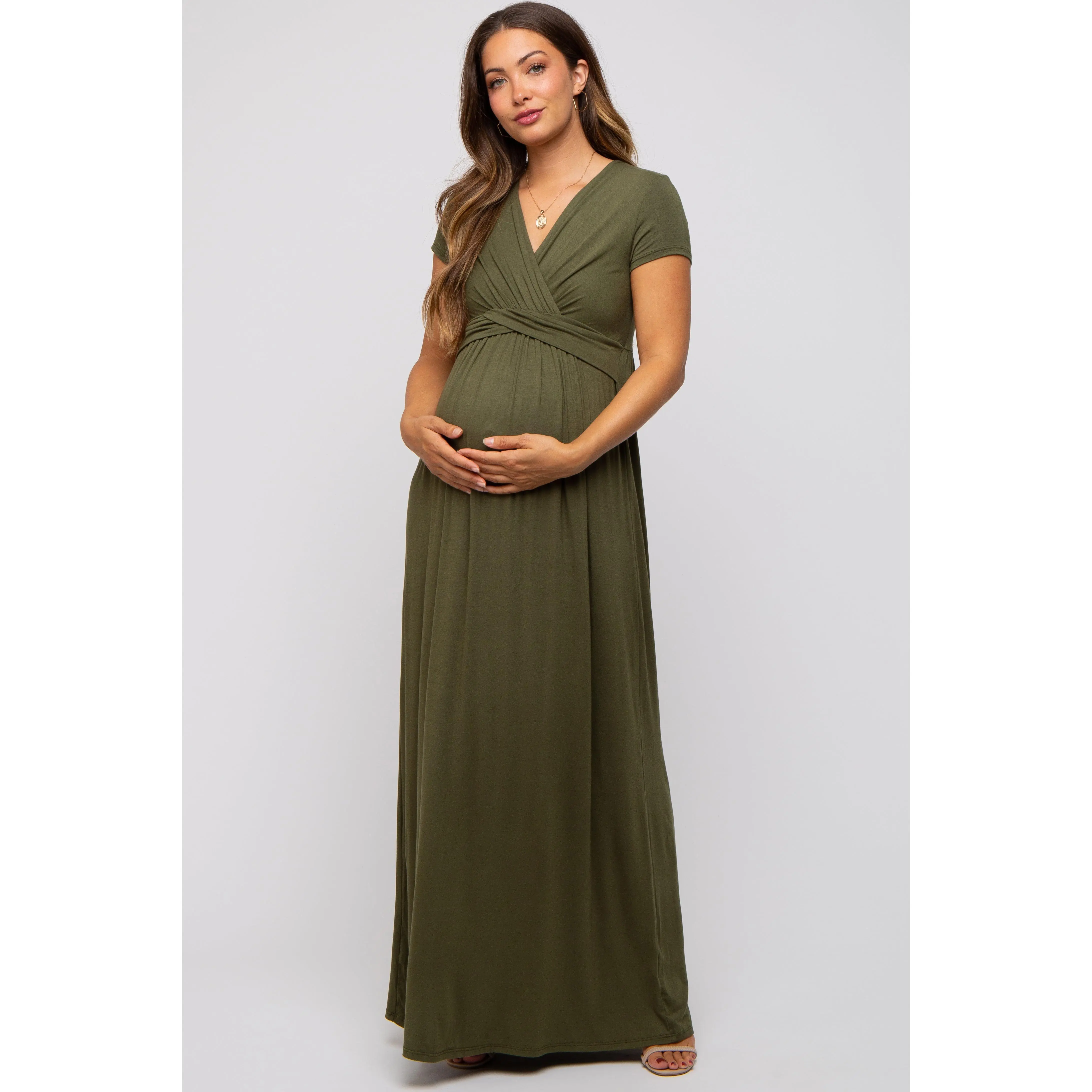 PinkBlush Olive Draped Maternity/Nursing Maxi Dress