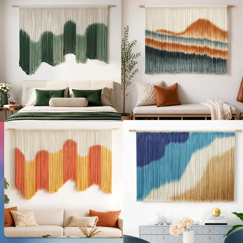 Large Rectangular Macrame Tapestry - Handmade Dip-Dyed Cotton Fibers Boho Hippie Decor, 59x39 in, Easy-to-Install Landscape Home Decor for Bedroom Above Bed Headboard, Living Room