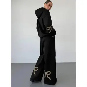 Women's Bowknot Print Drawstring Hoodie & Pocket Pants Set, Casual Long Sleeve Hooded Sweatshirt & Drawstring Waist Trousers, Ladies Two-piece Outfits for Daily Wear Womenswear AdjustableGift