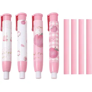 4 Pcs Cute Pink Retractable Cartoon Eraser with 4 Extra Refills, Portable Pencil Erasers for School Kids Boys Girls, Ideal for Daily Writing Drawing (4Pcs Peach)