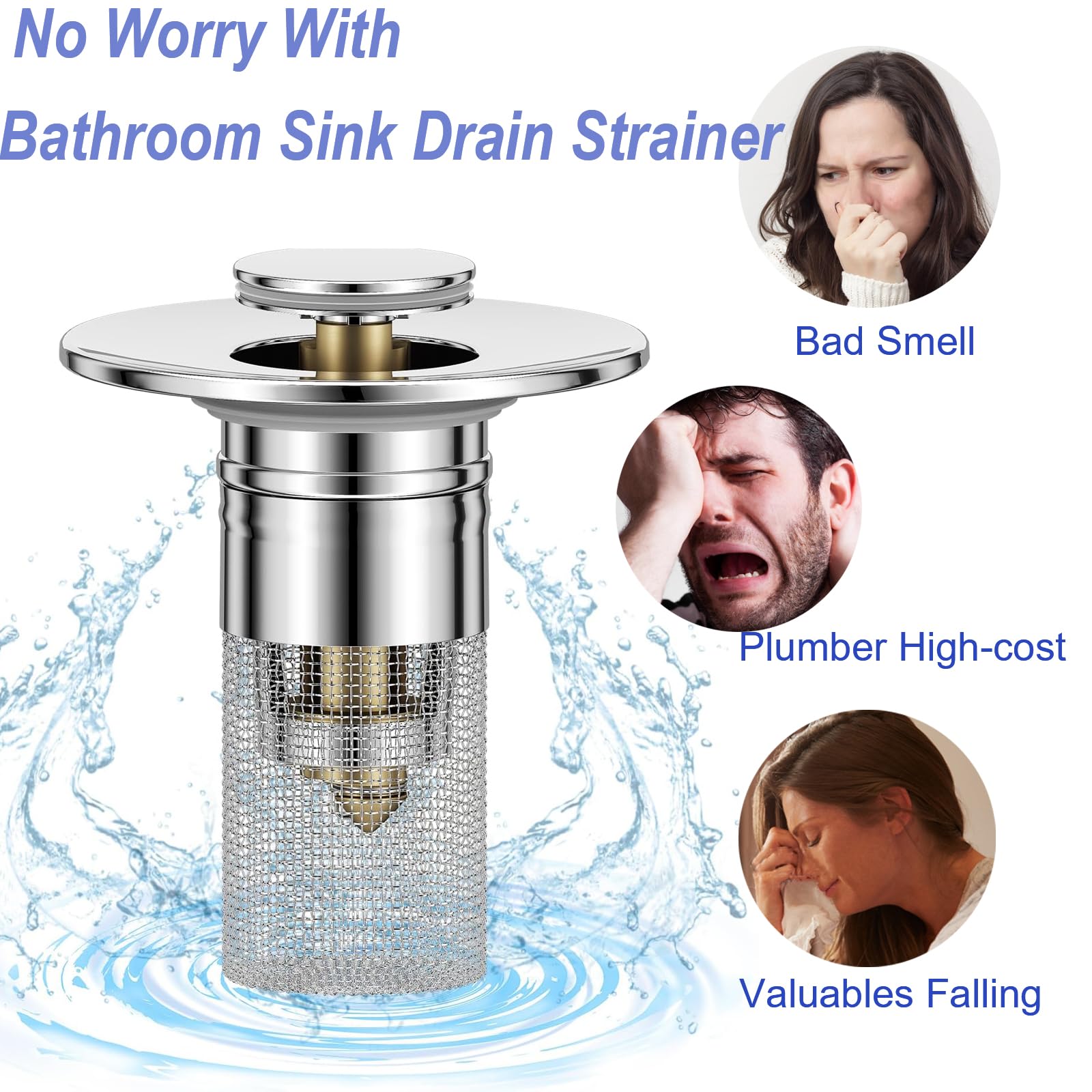 Bathroom Sink Drain Strainer, Pop-up Sink Drain Strainer with Removable Stainless Steel Strainer Basket Hair Catcher, Bathroom Sink Strainer for Bathroom Sink Stopper Replacement