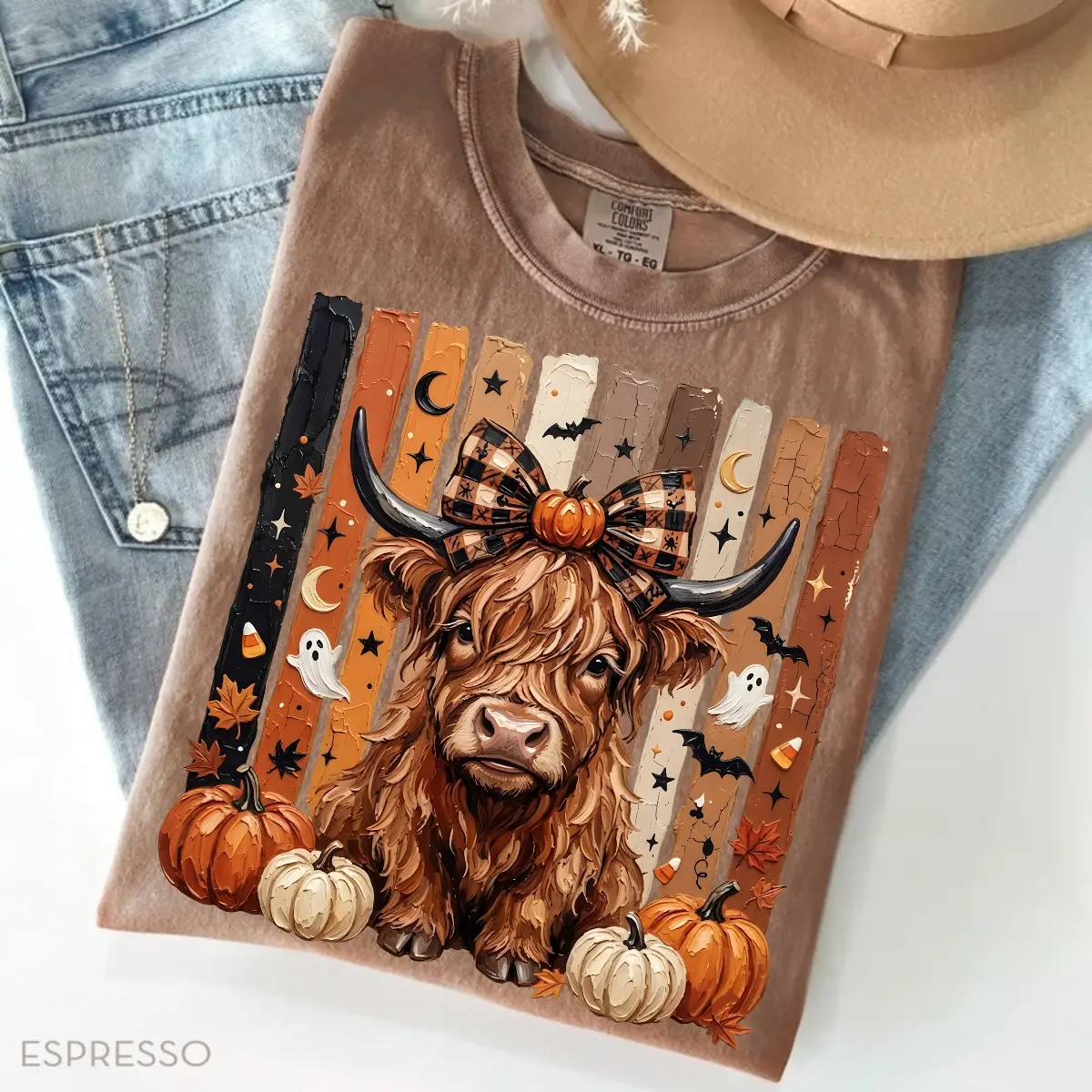Comfort Colors Highland Cow Halloween Shirt, Print Spooky Fall Cow Pumpkins & Bows Graphic Tee, Cute Autumn Vibes T-Shirt
