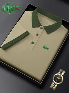 Ff4986 Fashion Crocodile Print Polo Shirt, Golf Shirt, Casual Fitted Short Sleeve, Breathable and Stretchy, All-Season Men's Top, Bestseller Style