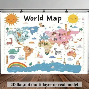World Map Background Banner, Educational Poster Style, Includes Continents and Countries, Large Party Decoration, Indoor Outdoor Use