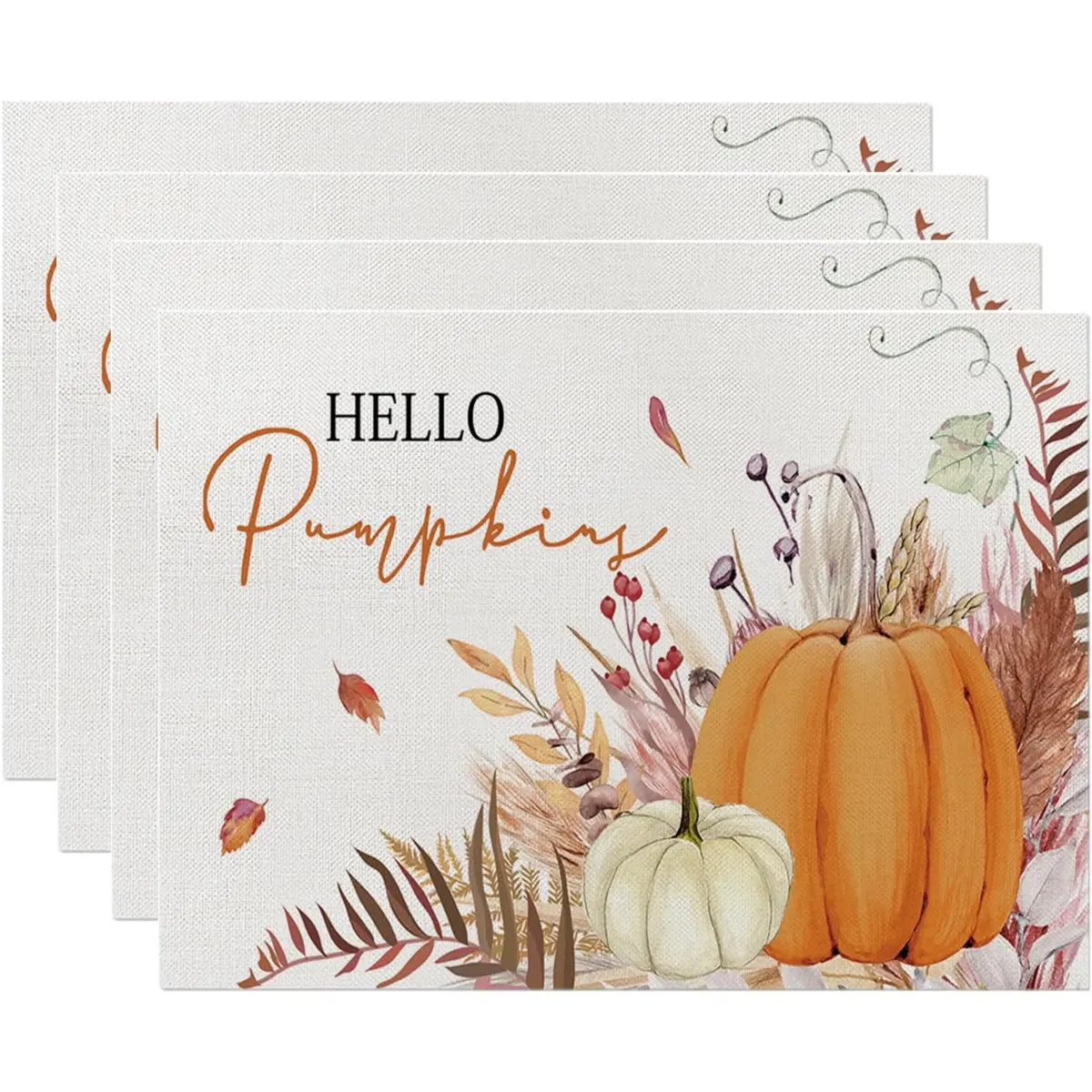 Fall Decorations for Home,Fall Placemats Set of 4,Orange Hello Pumpkin Leaves Washable Table Dinner Mats for Autumn Farmhouse Home Kitchen Decor, 12 x 18 Inch CD01