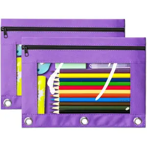 Pencil Pouch for 3 Ring Binder, 2 Pack Purple 3-Holes Zipper Pencil Pouches, Sturdy and Durable Cloth Pencil Case with Clear Window for Office School College Supplies
