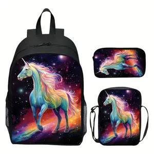 3Pcs Magical Unicorn Print Backpack Set Durable 600D Oxford Cloth School Bag Insulated Lunch Box & Pencil Case Combo Adjustable Breathable Strap Large Capacity Fits 15in Laptop for Kids Teens School Travel Outdoor Use
