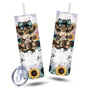 1pc Highland Bull And Sunflower Patterned Stainless Steel Cup with a Sliding Lid And Straw, 20Oz Thermos Bottle, Reusable, Keeping Cold And Hot Drinks, Perfect for Gyms, Offices, Sports, Home Use, Coffee Cups, Water Bottles