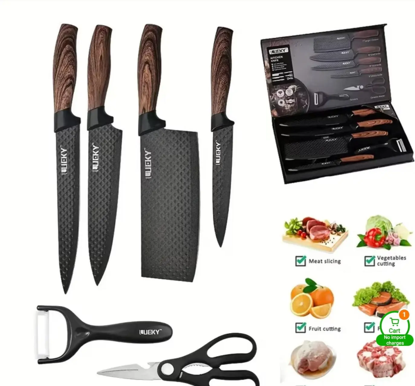 Professional 10/6pcs Kitchen Knives, Chef, Cleaver, Slicer, Utility Knife Peeler & Scissors Stainless Steel Ultra Sharp with Non-Stick Ergonomic Wood Handle Cooking Chef Knife Set for Home Travel Vegetable, Meat, Fruit with Gift Box Blade Block