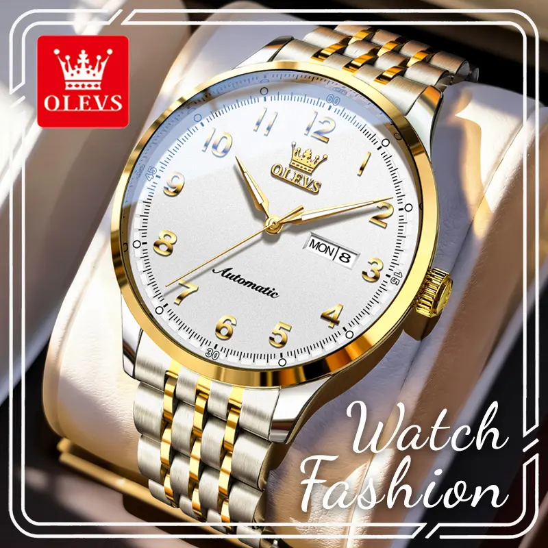 OLEVS 7100 Men's Business Automatic Mechanical Watch, Two-Tone Stainless Steel Bracelet White Dial with Large Gold Numerals, Luminous Hands, Day & Date Dual Calendar, 3ATM Waterproof Formal Dress Wristwatch, Ideal Gift for Father's Day, Husband and Dad