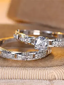 Geometric Design Set Ring, Wedding Rings, Artificial Zircon Ring, White Synthetic Zircon, Stylish and Simple Design, Perfect for Weddings and Everyday Wear, Women's Accessory