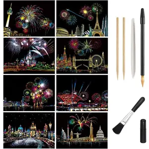 Scratch Art Paper, Rainbow Night View Scratchboard Pads for Adults and Teens, Mini Envelope Postcard Art & Crafts Set: 8 Sheets Scratch Cards & Drawing Pen, Clean Brush 7.9"x5.5"(Fireworks/Building)