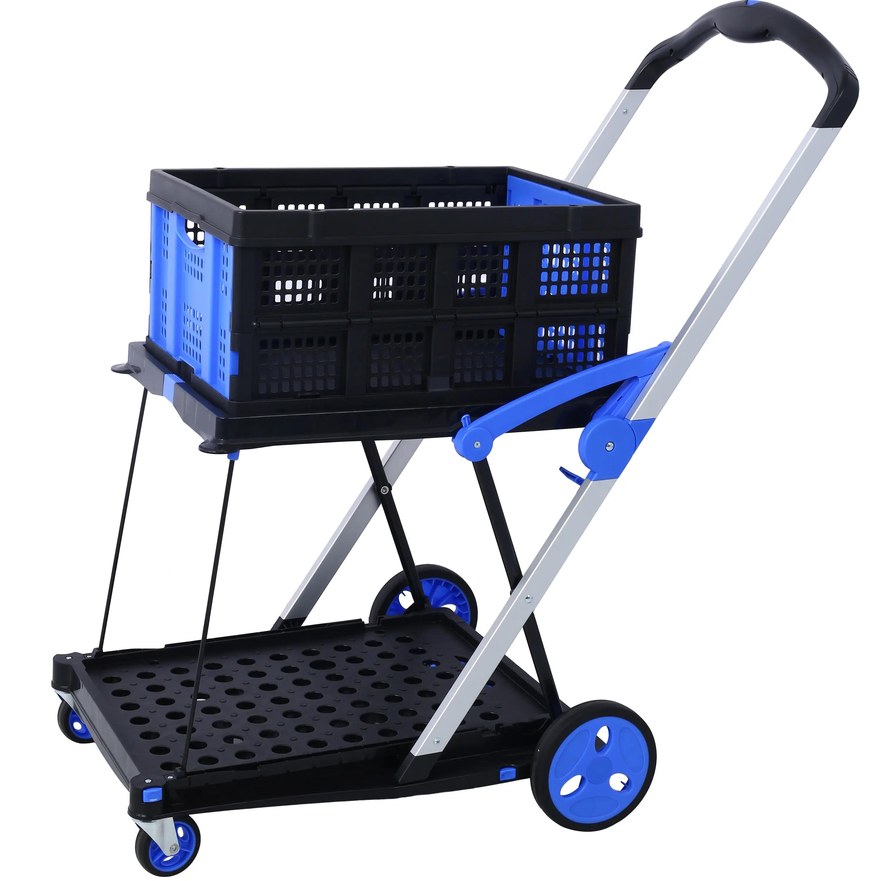 2-Tier Collapsible Multi-Purpose Utility Shopping Trolley with Removable Storage Basket, 360° Swivel Wheels, Blue Collapsible Cart