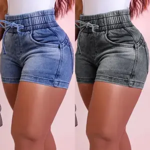 2026 Spring and Summer Slim Denim Shorts Women's Sexy High Waist Elastic Waistband Tie Hot Pants Casual Fabric(Sheet)